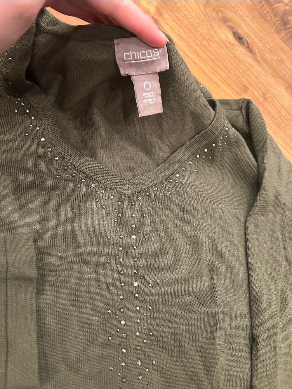Chico's Olive Green V-Neck Long Sleeve sweater with Stud Detailing